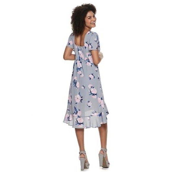 Beautiful gray and pink floral smocked midi dress size small - Picture 2 of 9